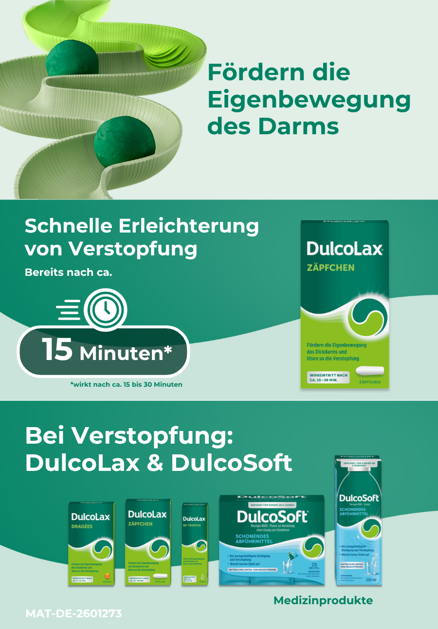 Verschiedene DulcoLax-Produkte und Text: Fördern die Eigenbewegung des Darms.